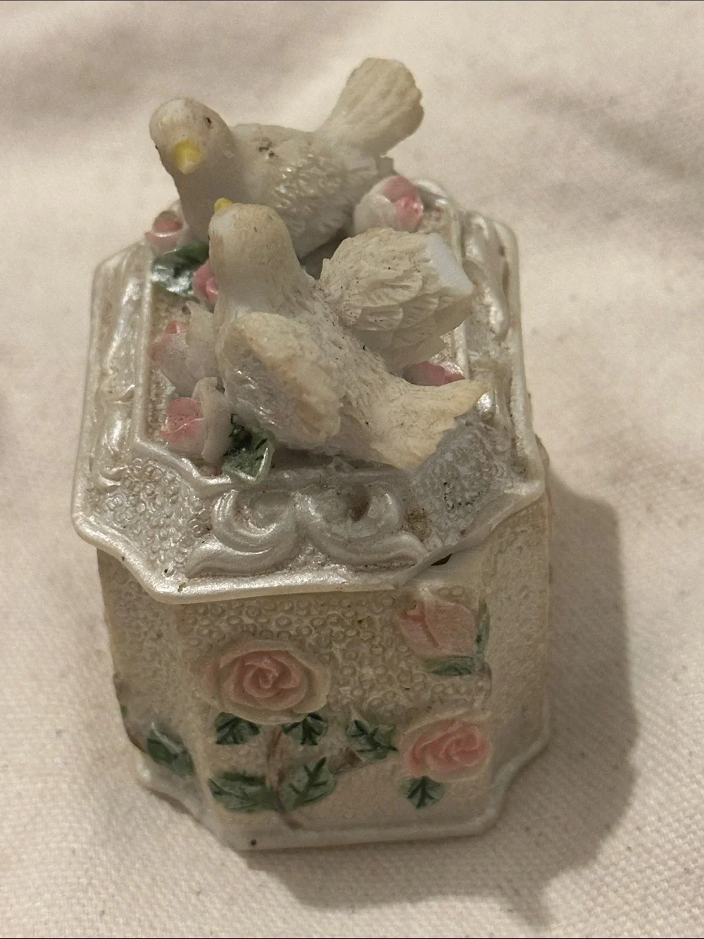 Decorative Bird Trinket Box - Pearl White with Pink Roses
